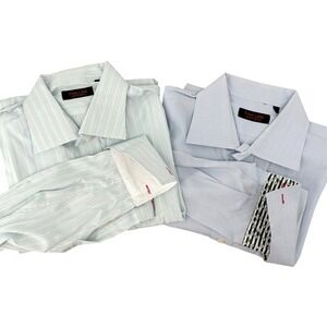 Takumi Japan Dress Shirt Mens L Light Blue Green Striped Contrast Cuff Set of 2